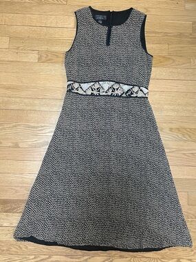 Spenser Jeremy Black & White Silk Flared Dress w/ Patterned Waist - Sz 8